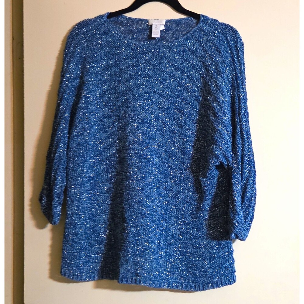 Chico's Blue Metallic Knit Pullover Sweater 3/4 Sleeve Round Neck Size 2